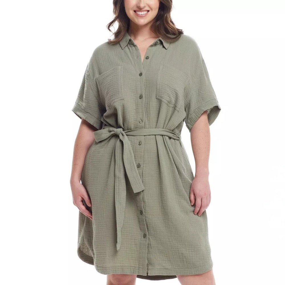 Weatherproof Vintage Womens Cotton Gauze Belted Shirt Dress Olive Green Large